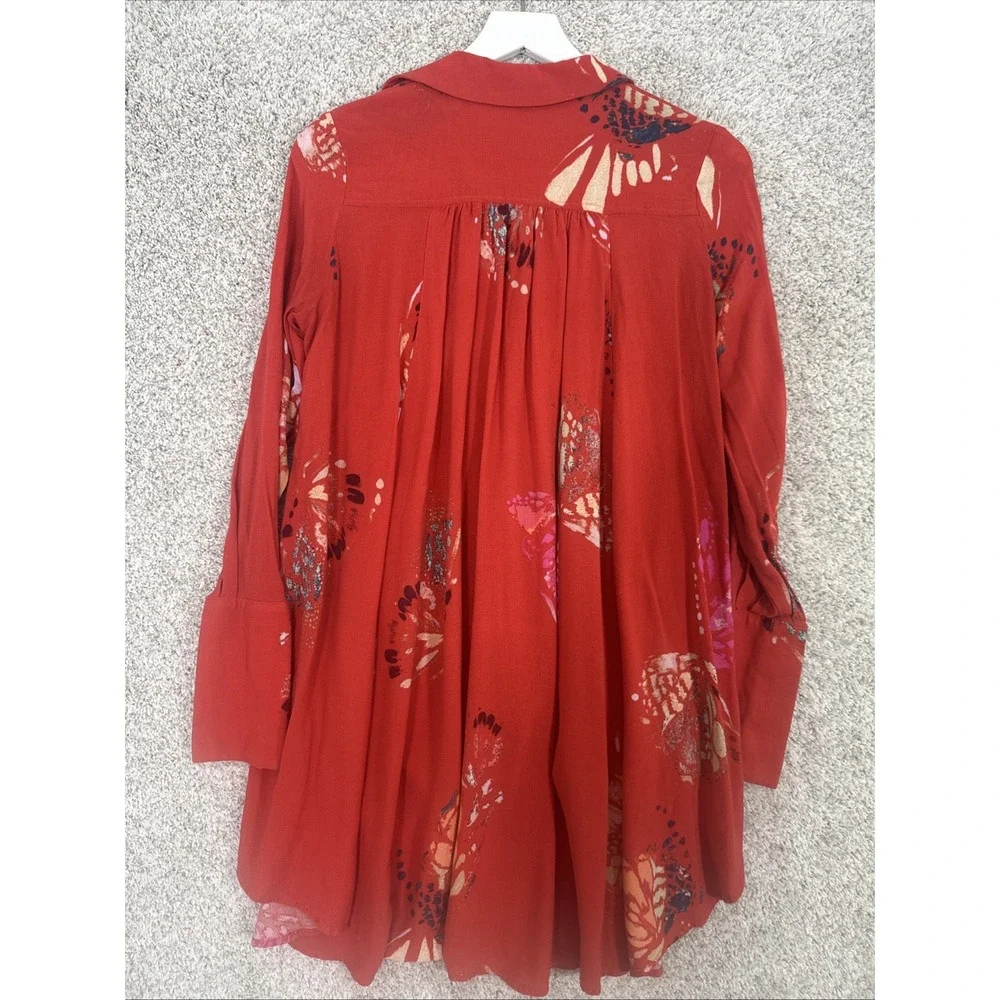 Free‎ People XS Field of Butterflies Red Tunic Mini Dress/Blouse
